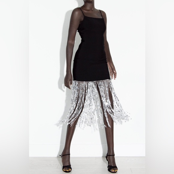 MyKristi CRISTALLE | WOMEN'S BLACK SEQUIN FRINGE SPAGHETTI STRAP MINI DRESS - Picture 3 of 9